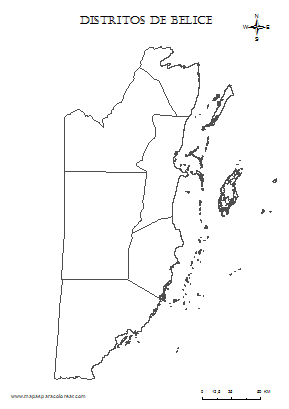 Mapa en blanco de distritos de Belice para completar con nombres e colorear.