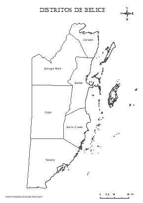 Mapa en blanco de distritos de Belice con nombres para colorear.