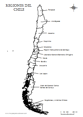 Mapa de regiones del Chile con nombres para colorear.