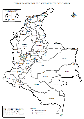 Mapa de departamentos y capitales de Colombia para colorear.