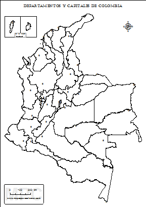 Mapa mudo de departamentos y capitalesa de Colombia sin nombres para colorear.