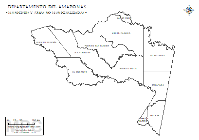 Mapa del departamento del Amazonas y sus municipios y áreas no municipalizadas para colorear.