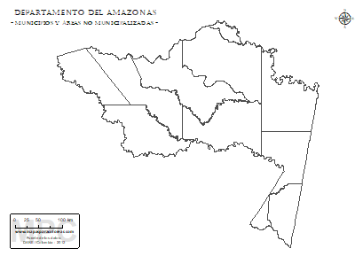 Mapa de muicipios y áreas no municipalizadas del Amazonas sin nombres para completar y colorear.