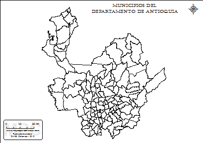 Mapa de muicipios del departamento de Antioquia sin nombres para completar y colorear.