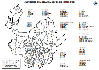 Mapa del departamento de Antioquia y sus municipios para colorear.