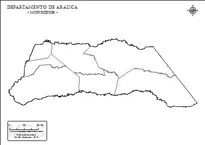 Mapa de muicipios de Arauca sin nombres para completar y colorear.