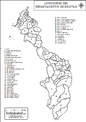 Mapa del departamento de Bolívar y sus municipios para colorear.