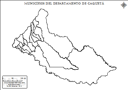 Mapa de muicipios de Caquetá sin nombres para completar y colorear.