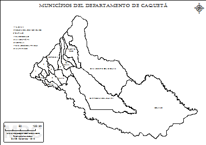 Mapa del departamento de Caquetá y sus municipios para colorear.