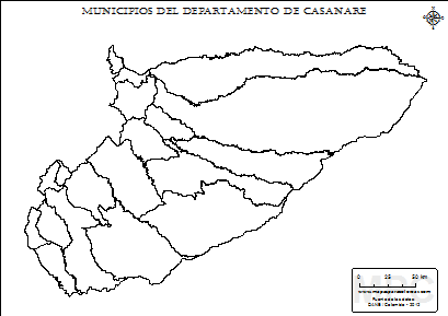 Mapa de muicipios de Casanare sin nombres para completar y colorear.
