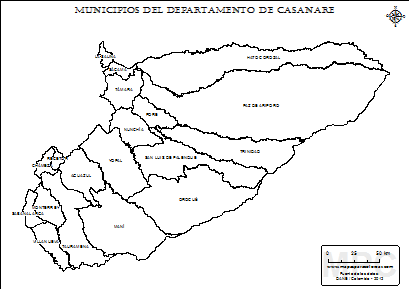 Mapa del departamento de Casanare y sus municipios para colorear.