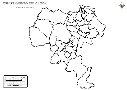 Mapa de muicipios del Cauca sin nombres para completar y colorear.