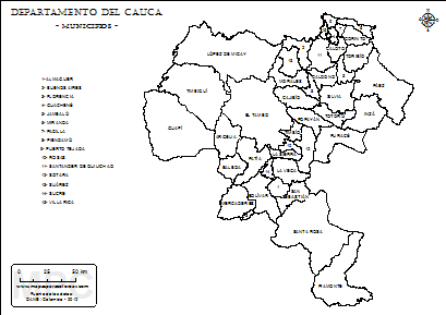 Mapa del departamento del Cauca y sus municipios para colorear.