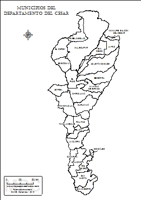 Mapa del departamento del Cesar y sus municipios para colorear.