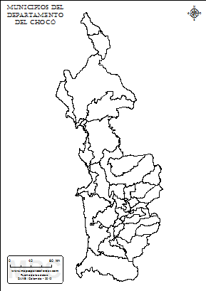Mapa de muicipios del Chocó sin nombres para completar y colorear.