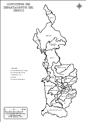 Mapa del departamento del Chocó y sus municipios para colorear.