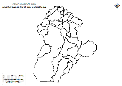 Mapa de muicipios de Córdoba sin nombres para completar y colorear.