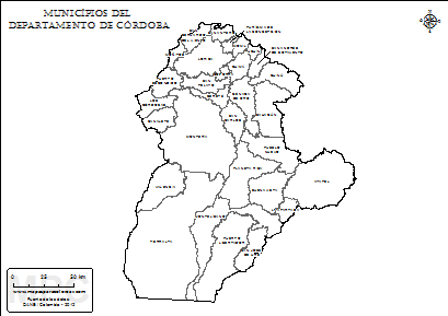 Mapa del departamento de Córdoba y sus municipios para colorear.