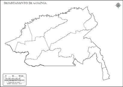 Mapa de muicipios de Guainía sin nombres para completar y colorear.