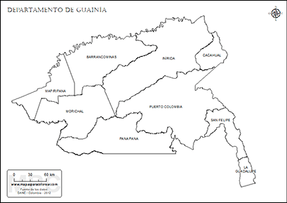 Mapa departamento de Guainía y sus municipios para colorear.