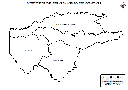 Mapa departamento del Guaviare y sus municipios para colorear.