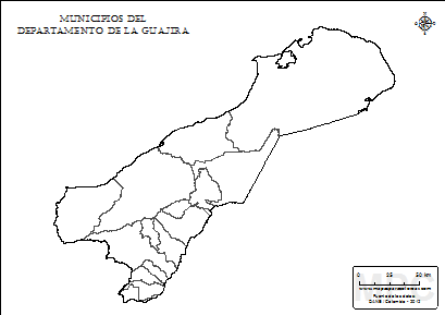 Mapa de muicipios de La Guajira sin nombres para completar y colorear.