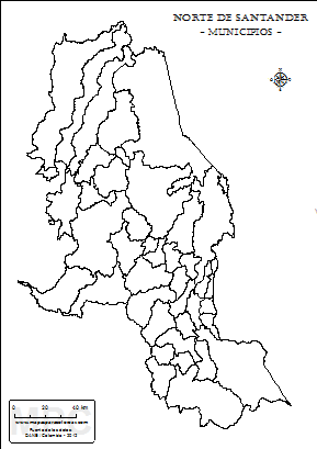 Mapa de muicipios de Norte de Santander sin nombres para completar y colorear.
