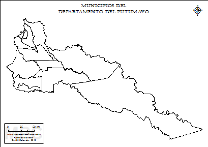 Mapa de muicipios del Putumayo sin nombres para completar y colorear.