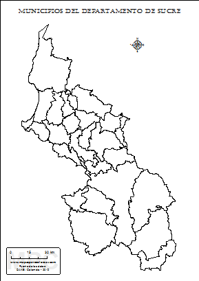 Mapa de muicipios de Sucre sin nombres para completar y colorear.
