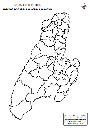 Mapa de muicipios del Tolima sin nombres para completar y colorear.
