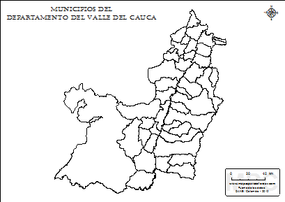 Mapa de muicipios del Valle del Cauca sin nombres para completar y colorear.