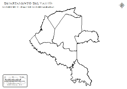 Mapa de muicipios y áreas no municipalizadas del Vaupés sin nombres para completar y colorear.