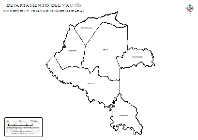 Mapa departamento del Vaupés y sus municipios y áreas no municipalizadas para colorear.