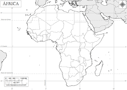 Mapa de África mudo, sin nombres para colorear.