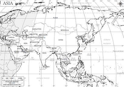 Mapa de Ásia para colorear.