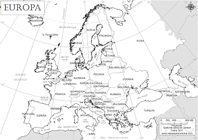 Mapa del continente europeo con cáucaso y Turquía para colorear.