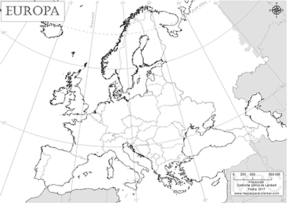 Mapa mudo del continente europeo con cáucaso y Turquía para colorear.