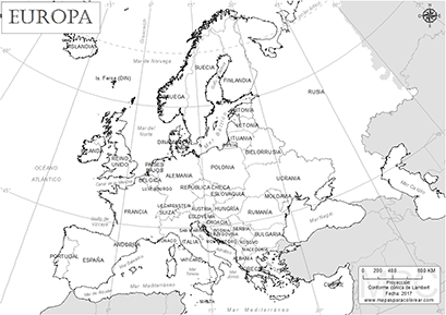 Mapa de Europa con nombres para colorear.