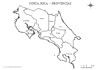 Mapa de provincias de Costa Rica para colorear.