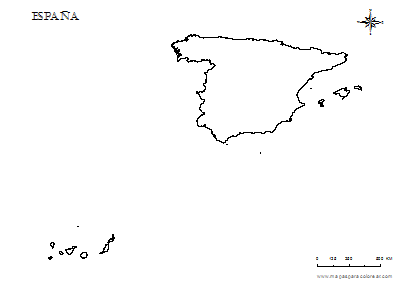 Contorno del mapa de España con Islas Canarias para colorear.