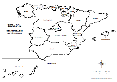 Mapa de Comunidades Autónomas de España para colorear.