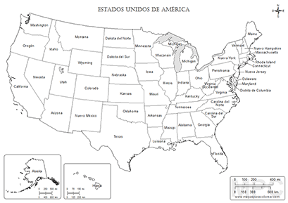 Mapa de Estados Unidos con nombres para colorear.