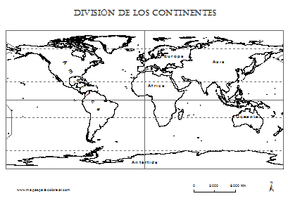 Mapa de continentes para colorear.