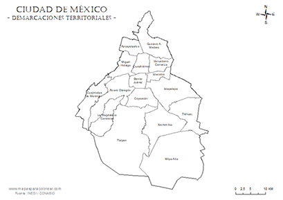 Mapa de demarcaciones territoriales (alcadías) de la Ciudad de México para colorear.