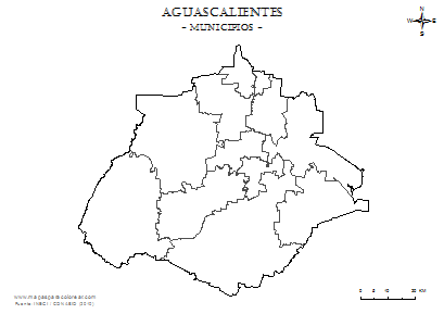 Mapa de contorno de los municípios de Aguascalientes para colorear.