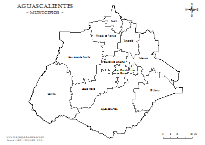 Mapa de de los municípios de Aguascalientes.