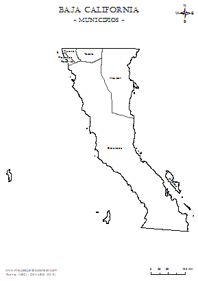 Mapa de municípios del estado de Baja California para colorear.