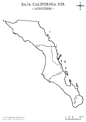 Mapa del contorno de los municípios de Baja California Sur para colorear.