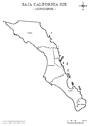 Mapa de Baja California Sur por municipíos para colorear.