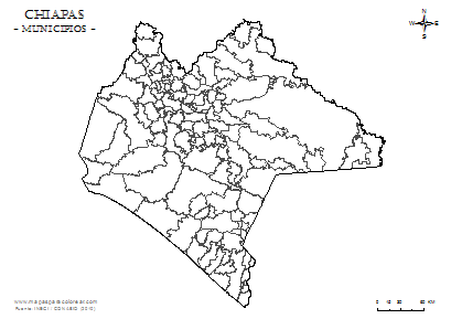 Mapa del contorno de los municipios de Chiapas para completar con nombres y colorear.
